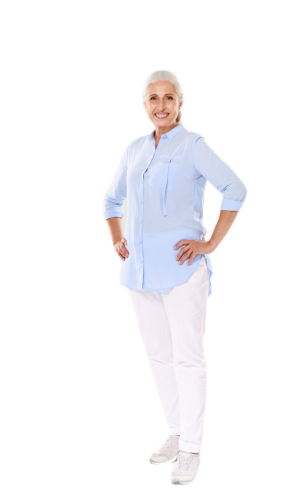 full-length-portrait-cheerful-mature-woman-blue-shirt-white-pants-standing-with-hands-her-waist